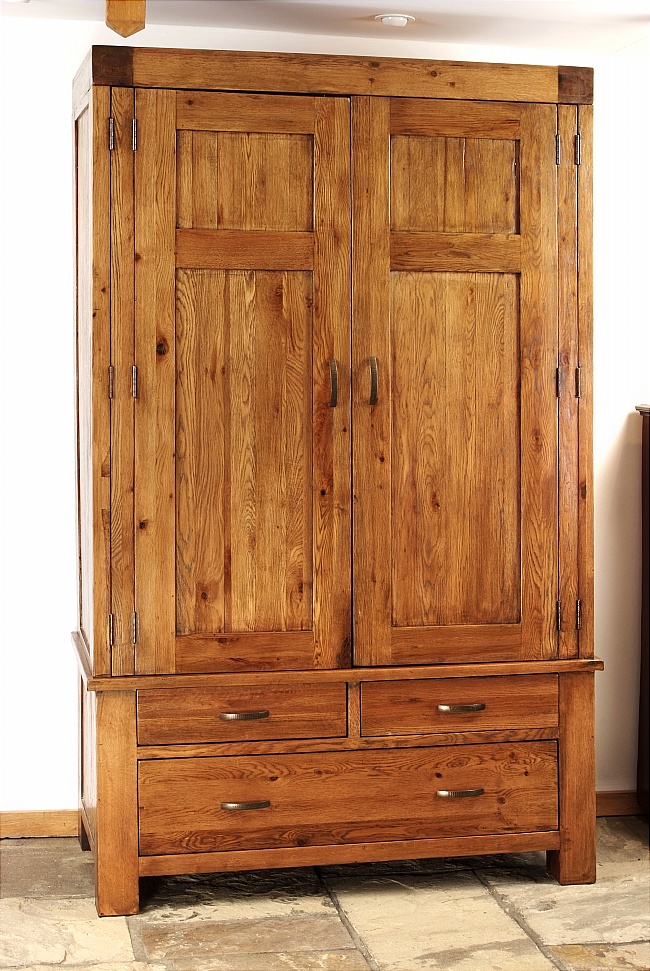 Santana Reclaimed Oak Double Wardrobe With Drawers - Click Image to Close